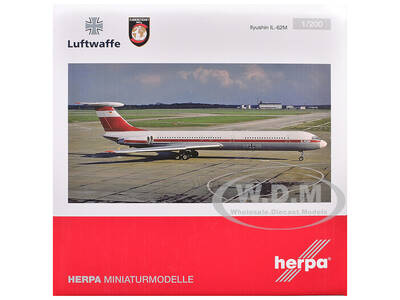 Ilyushin IL-62M Commercial Aircraft German Luftwaffe (11+22) White with Red Stripes 1/200 Diecast Model Airplane by Herpa
