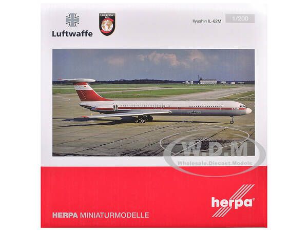 Ilyushin IL-62M Commercial Aircraft German Luftwaffe (11+22) White with Red Stripes 1/200 Diecast Model Airplane by Herpa