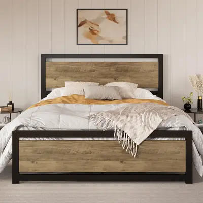 SHA CERLIN Full/Queen Size Bed Frame with Modern Wooden Headboard【Frame Only No Mattress】13 Strong Metal Slats Support#Ti...