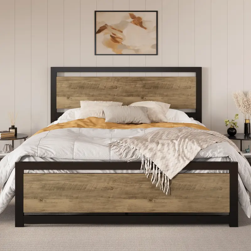SHA CERLIN Full/Queen Size Bed Frame with Modern Wooden Headboard【Frame Only No Mattress】13 Strong Metal Slats Support#Ti...