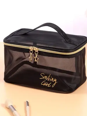 Women's Large Capacity Travel Cosmetic Bag, Mesh Makeup Organizer, Stylish Hollow-Out Design, Perfect for Outdoor Use