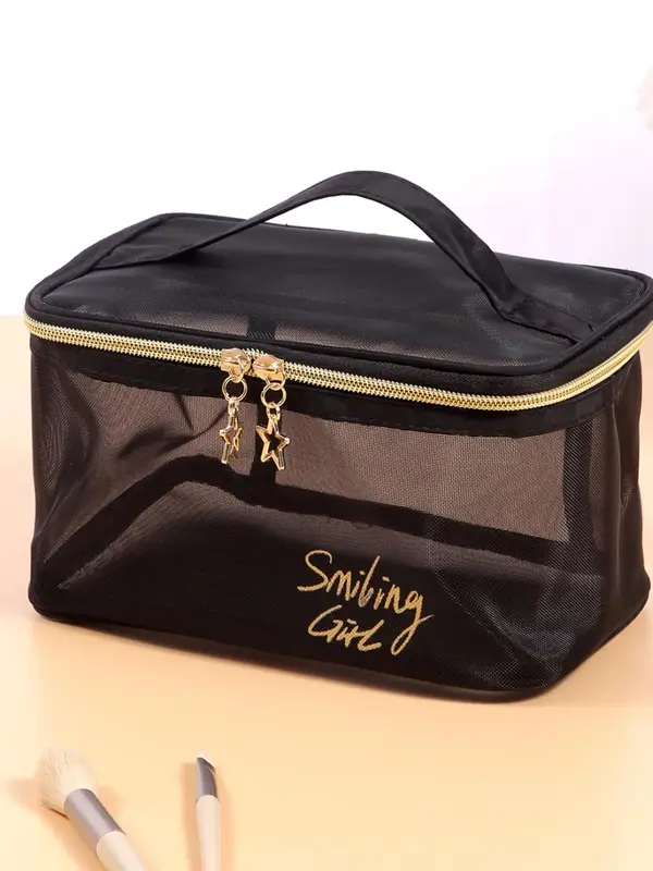 Women's Large Capacity Travel Cosmetic Bag, Mesh Makeup Organizer, Stylish Hollow-Out Design, Perfect for Outdoor Use