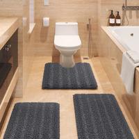 ACCUMTEK Striped Bathroom Rug Set 3 Pieces Ultra Soft, Non Slip Chenille Toilet Mat, Absorbent Plush Shaggy Bath Mats for Bat...