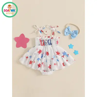 Baby Girls Romper Set, Sleeveless Tie-up Stars Print Bodysuit A-line Dress with Headband 4th of July Clothing