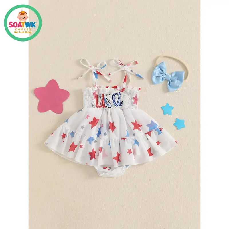 Baby Girls Romper Set, Sleeveless Tie-up Stars Print Bodysuit A-line Dress with Headband 4th of July Clothing