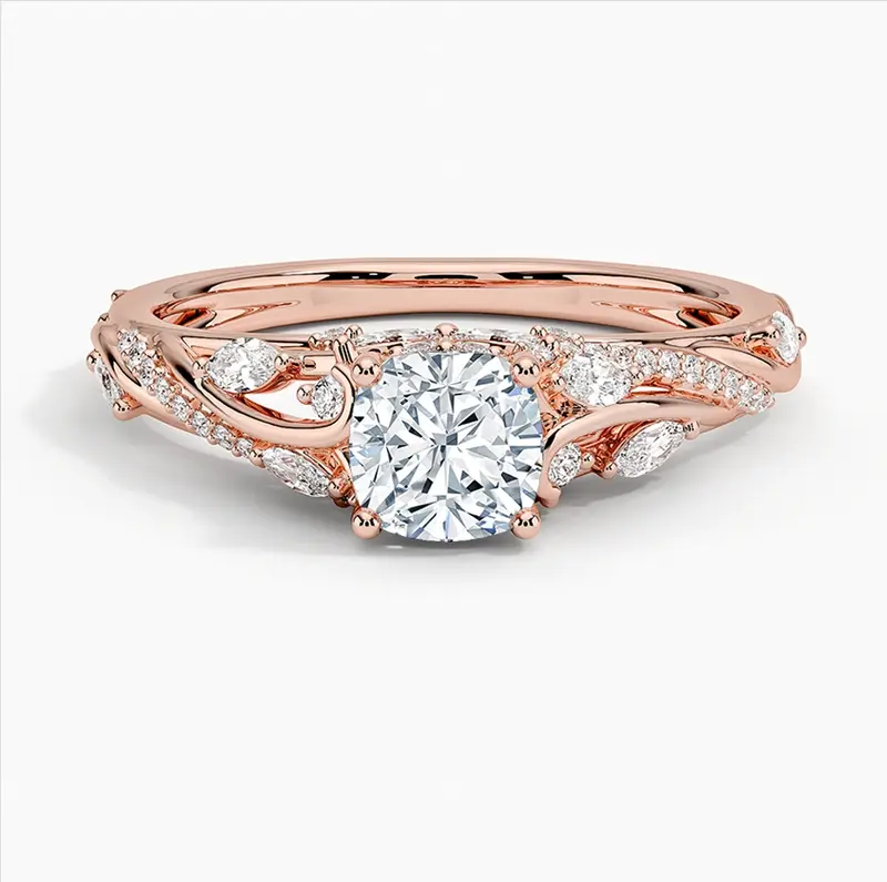 10K Rose Gold 1 to 3.5 CT.T.W. Cushion Cut Lab Created Diamond Floral Engagement Band IGI Certified