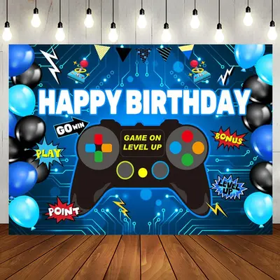 Gamepad Blue Black Balloon Happy Birthday Backdrop - Aperturee