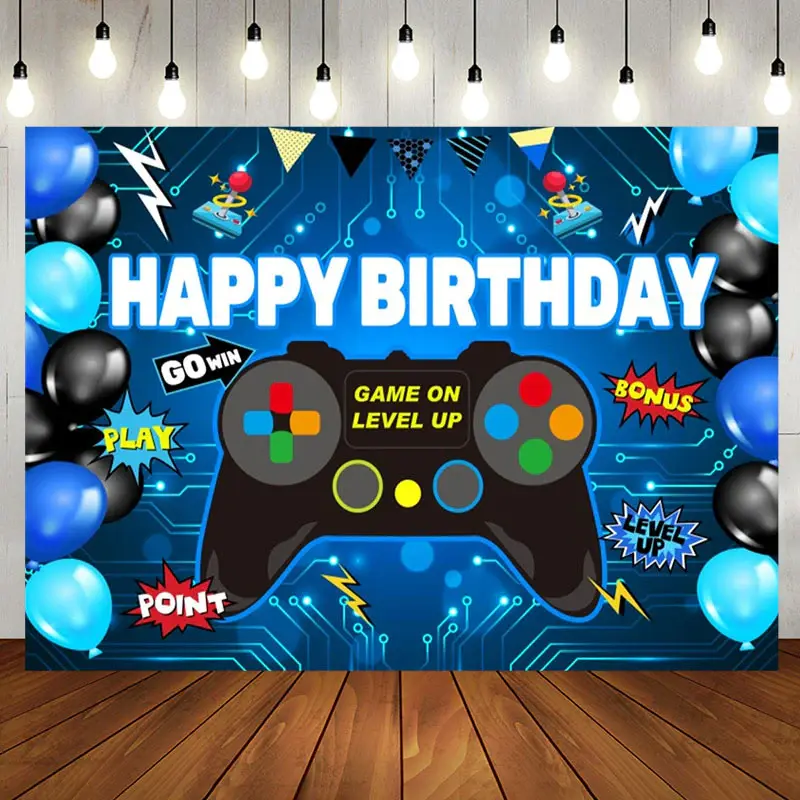 Gamepad Blue Black Balloon Happy Birthday Backdrop - Aperturee