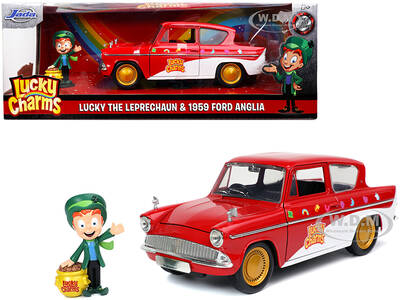 1959 Ford Anglia Red and White with Lucky the Leprechaun Diecast Figurine \