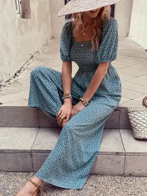 Women's Ditsy Floral Puff Sleeve Square Neck Wide Leg Jumpsuit with Pockets, Boho One Piece Comfort Jumpsuit for Outdoor Beac...
