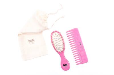 Tek - Pink Mini Wooden Hair Brush & Comb Set | With Natural Cotton Pouch