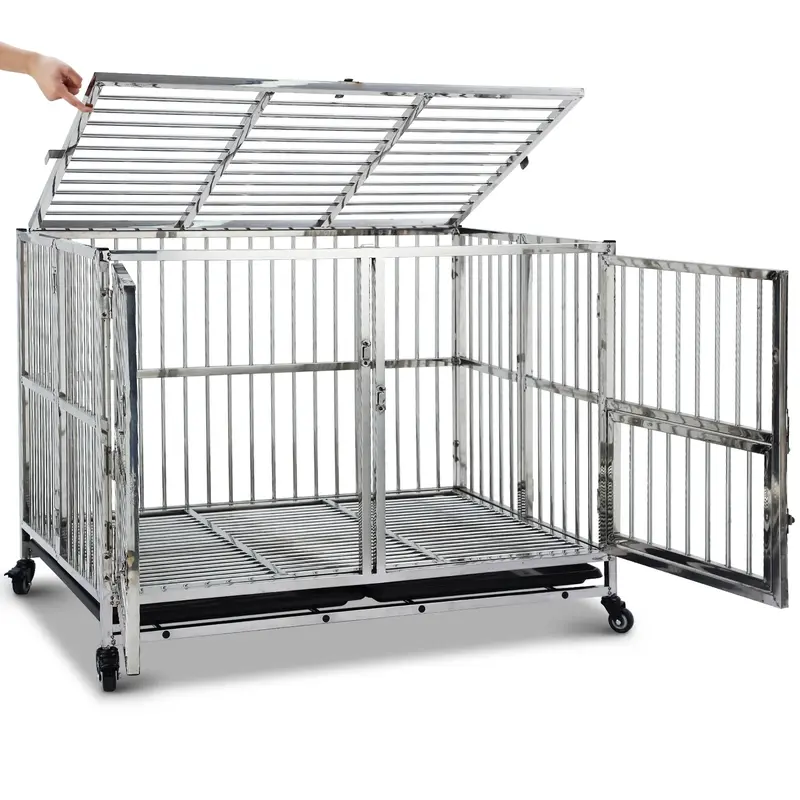 Garvee 48 Heavy Duty Dog Crate Cage Kennel with Wheels, Full Stainless Steel High Anxiety Indestructible Dog Crate, Sturdy ...