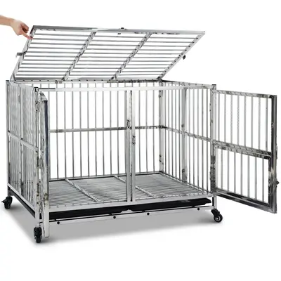 Garvee 48 Heavy Duty Dog Crate Cage Kennel with Wheels, Full Stainless Steel High Anxiety Indestructible Dog Crate, Sturdy L...