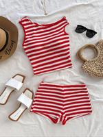 Women's Striped Print Knit Sleeveless Top & Shorts, Casual Fashion Cozy Two-piece Set for Daily Outdoor Wear, Ladies Clothes ...