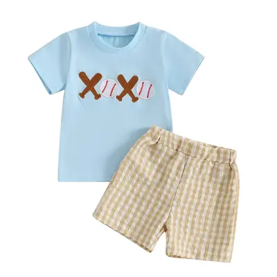 Toddler Baby Boy Baseball Shorts Tracksuit Baseball Embroidery Patch Short Sleeve T-Shirt Tops Elastic Waist Plaid Gingham Sh...