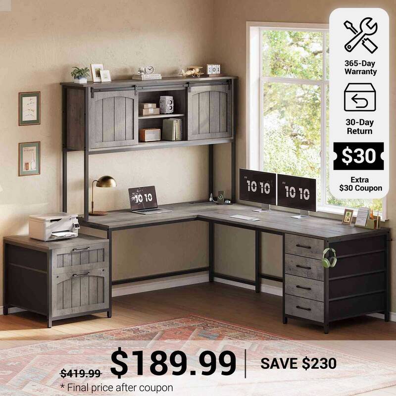 SEDETA | 63 Inch Reversible Computer Desk with 6 Drawers and Storage Shelves Farmhouse L Shaped Office Desk with Power Outlet...