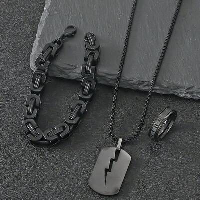 304 Stainless Steel Chain Bracelets & Rectangle Pendant Necklaces & Rings for Men