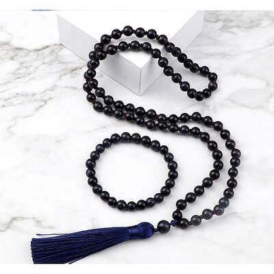 Synthetic Blue Goldstone Round Beaded Pendant Necklaces & Bracelets Sets