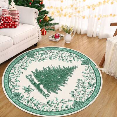 Garvee Christmas Round Area Rug 4Ft - Christmas Tree Print, Non-Slip Rubber Backing, Washable, Soft Terrycloth Fabric, Foldab...