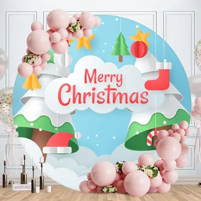 Cartoon Merry Christmas Tree Round Backdrops - Aperturee