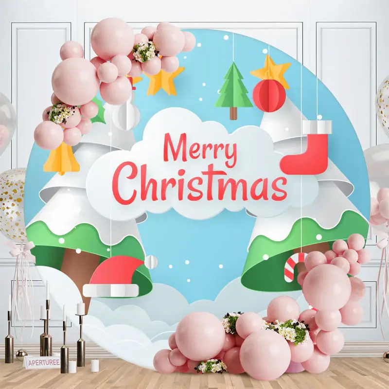 Cartoon Merry Christmas Tree Round Backdrops - Aperturee