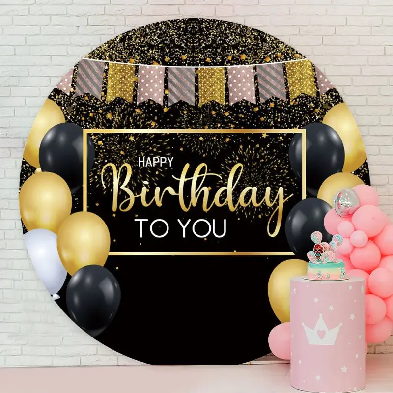 Aperturee Gold And Black Ballon Glitter Round Birthday Backdrop