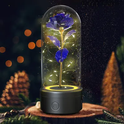 2-in-1 Rose Flowers LED Light & Bluetooth Speaker | Color: Black Base Purple Flower