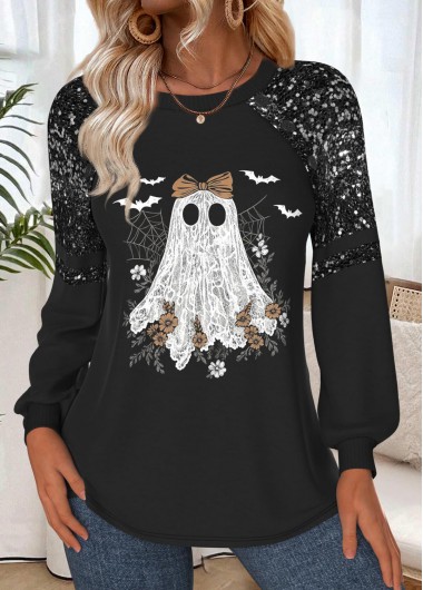 Modlily Halloween Black Tummy Coverage Long Sleeve Round Neck Sweatshirt - M