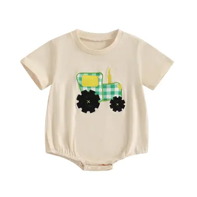 Baby Boys Rompers Tractor Embroidery Round Neck Short Sleeve Summer Clothes Bodysuits Jumpsuits