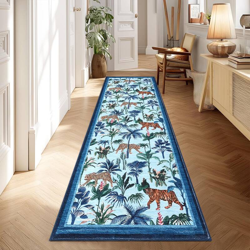 Garvee Blue Tiger 2x6 Runner Rug - Washable, Non-Slip, Low Pile Polyester - Stain Resistant, Kid & Pet Friendly - Indoor Kitc...