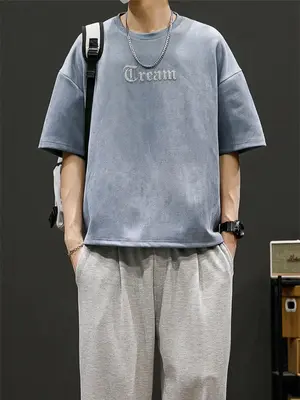 Men's Letter Print Tee, Loose Outdoor Fashion Casual Comfortable Breathable Round Neck T-shirt for Summer, 2024 Summer Cheap ...