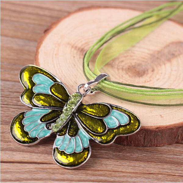 Butterfly Alloy Enamel & Rhinestone Pendant Waxed Cord Necklaces for Women
