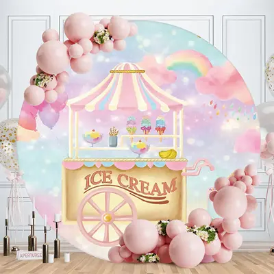 Aperturee Pink Ice Cream Car Round Girls Birthday Backdrop