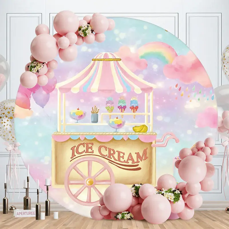 Aperturee Pink Ice Cream Car Round Girls Birthday Backdrop