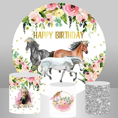 Aperturee Pink Floral And Horse Round Happy Birthday Backdrop | Round Party Backdrop | Round Backdrop Fabric Cover | Round Ba...