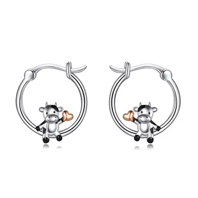 Sterling Silver Cow & Heart Hoop Earrings