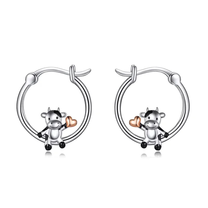 Sterling Silver Cow & Heart Hoop Earrings