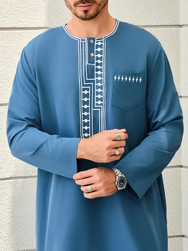 Men’s Traditional Moroccan Thobe - Embroidered Long Sleeve Islamic Formal Kaftan, Casual Muslim Robe for Eid, Prayer & Dail...