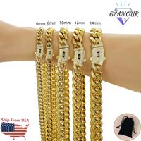 14K MiaMi CubanChain Necklace with Iced Out CZ Clasp Golden Stainless Steel  Hip Hop Punk Jewelry for Men and Women