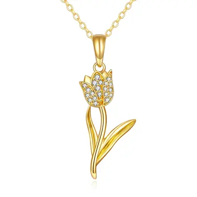 14K Gold Circular Shaped Cubic Zirconia Tulip Pendant Necklace