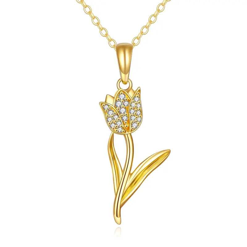 14K Gold Circular Shaped Cubic Zirconia Tulip Pendant Necklace