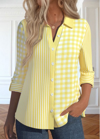 Modlily Light Yellow Patchwork Striped Long Sleeve Shirt - XXL