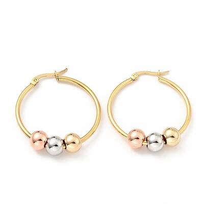 PVD Vacuum Plating 201 Stainless Steel Beaded Ring Hoop Earrings with 316 Stainless Steel Pins for Women