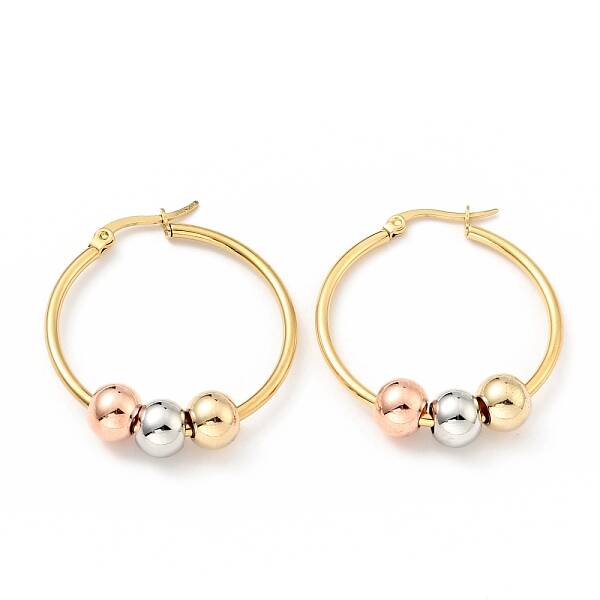 PVD Vacuum Plating 201 Stainless Steel Beaded Ring Hoop Earrings with 316 Stainless Steel Pins for Women