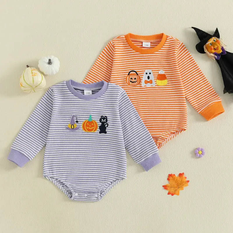 Infant Baby Girl Boy Halloween Romper Long Sleeve Pumpkin Ghost Embroidery Bodysuit Newborn Fall Outfit