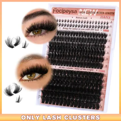 Focipeysa 2 Styles Lash Clusters with Bottom Lashes Full Lash Extension Thick Eyelash Clusters 100P+200P Clusters Lash DIY Ey...
