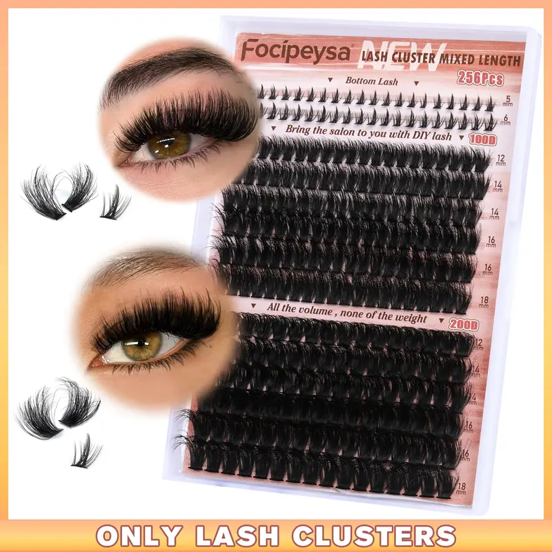 Focipeysa 2 Styles Lash Clusters with Bottom Lashes Full Lash Extension Thick Eyelash Clusters 100P+200P Clusters Lash DIY Ey...