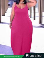Plus Size Solid Backless Cami Dress, Casual Pocket Spaghetti Strap Maxi Dress for Summer, Dresses Summer for Lady, Women's Pl...