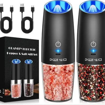 Electric Pepper & Salt Grinding Machine Set, 2 Counts/set USB Charging Grinding Machine with Gravity Sensing Switch and LED L...