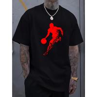 Men's Basketball Silhouette Printed T-Shirt,  Cotton Casual Crew Neck Long Sleeve T-Shirt, Slightly Elastic, Four Seasons Com...